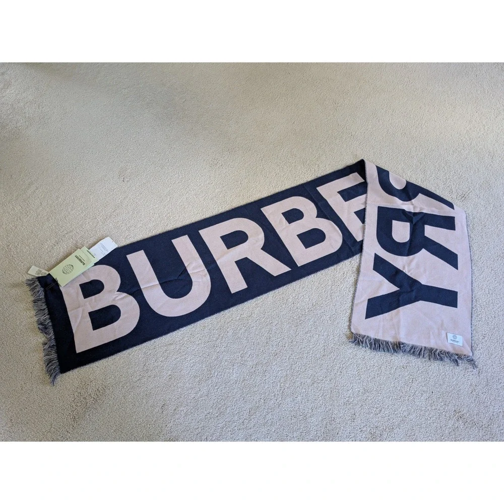 Burberry Blue and White Spellout Football Scarf 100% Wool NWT 80337151